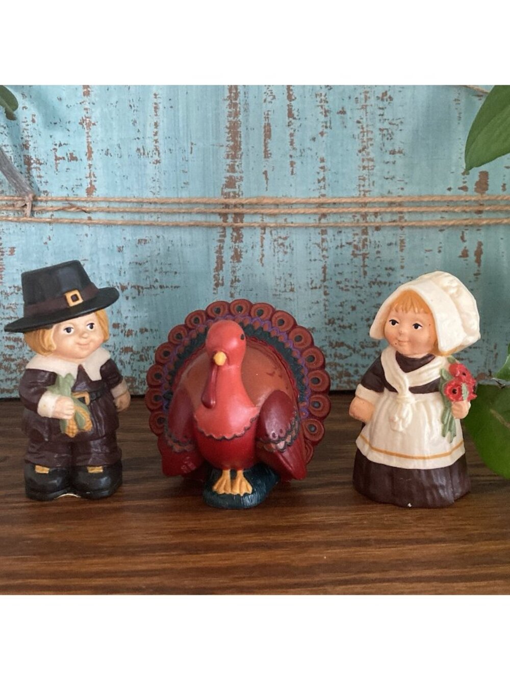3 pc. Vintage Hallmark Merry Miniatures  Thanksgiving Turkey Pilgrims 1978 Decor